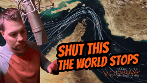 Marc Scott at a studio microphone beside a map of the Strait of Hormuz shipping lanes — thumbnail for The 21-Mile Chokepoint That Controls the World's Oil | Strait of Hormuz, a documentary short narrated by Marc Scott